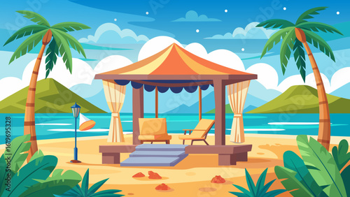 Vector art of tropical beach resort with palm trees and a gazebo offering a serene vacation escape with stunning ocean views and lush green mountains in the background