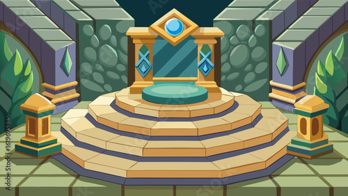 Vector art of majestic ancient royal throne chamber with ornate stone pillars and glowing jewel decoration