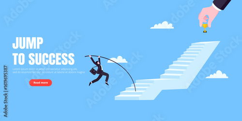 Success career ladder steps path challenge with business goal achievement trophy objective on the top of it business concept flat vector illustration. Office person running onto success career steps.