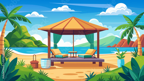 Vector art of idyllic tropical beach scene featuring a wooden gazebo with lounge chairs and a small table, surrounded by palm trees and overlooking a tranquil blue ocean