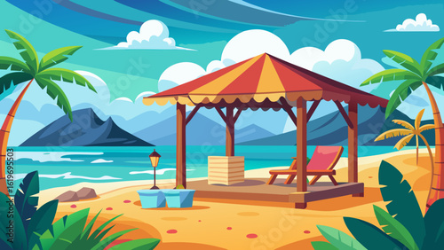 Vector art of idyllic tropical beach setting featuring a striped gazebo with a lounge chair, palm trees, calm ocean waters, and distant mountains under a bright summer sky