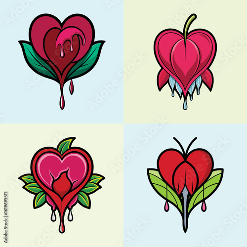 Bleeding heart flower illustrations with romantic design-A set of four bleeding heart flower vector icons with dripping petals and green leaves, perfect for love, nature, and decorative themes.