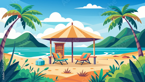 Vector art of serene tropical beach scene with two lounge chairs under a striped umbrella, surrounded by palm trees and lush greenery, overlooking the turquoise ocean