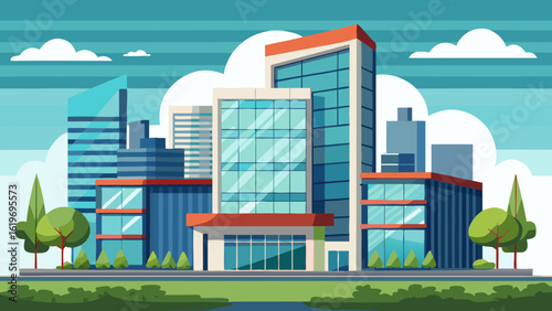 Vector art of contemporary glass office building with surrounding trees and clouds, set against a city skyline, symbolizing business growth and urban development