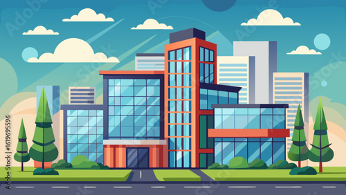 Vector art of modern glass office building with trees and clouds in a city landscape, representing business and corporate success in an urban environment