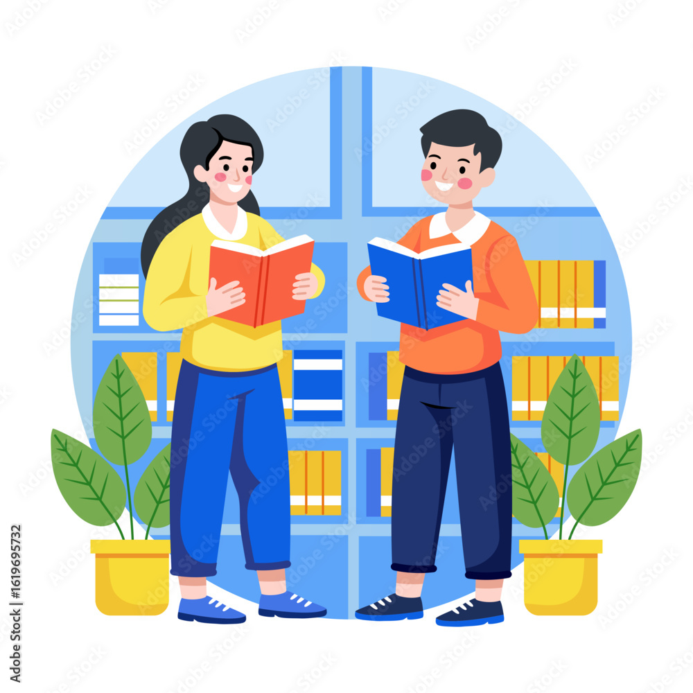 Obraz premium A flat style illustration showing students reading together