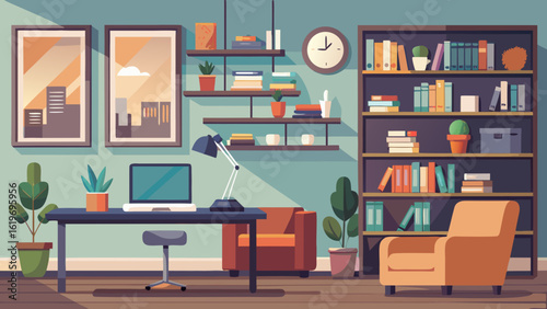 Vector art of bright and airy home office with a laptop on a desk, a comfortable chair, two armchairs, and a large bookshelf, creating a welcoming and productive environment