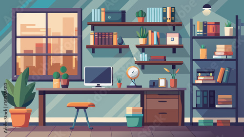 Vector art of stylish home office interior featuring a desk with a computer, window view, bookshelf, and plants for a comfortable work environment