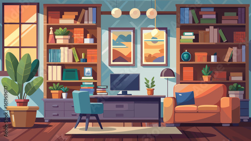 Vector art of inviting home office interior with dual bookshelves, a desk, computer, chair, sofa, and plants, creating a functional and stylish living space