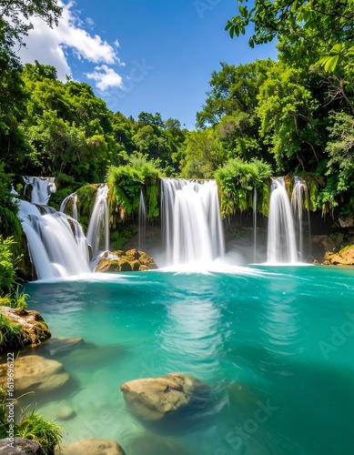 Lush waterfall cascading into turquoise pool (2)
