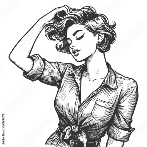 stylish woman with short wavy hair, eyes closed, knotted shirt and striking a relaxed pose sketch engraving generative ai fictional character vector illustration. Scratch board. Black and white.