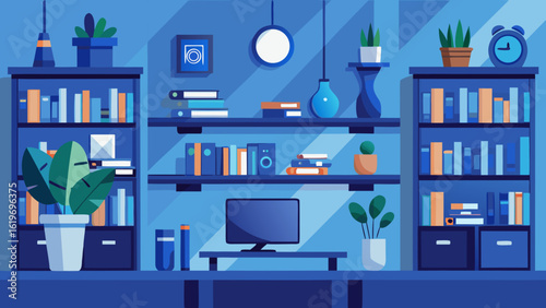 Vector art of stylish blue home office interior with computer, bookshelves, and plants, featuring a clock and vase, flat vector illustration