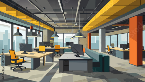 Vector art of contemporary office space with workstations, computers, and seating areas, featuring large windows and vibrant accent colors
