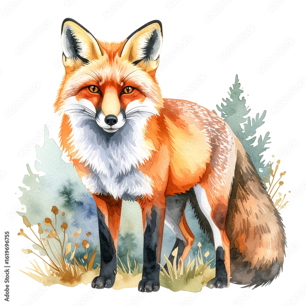 Obraz premium Watercolor red fox standing in a forest scene isolated on transparent background