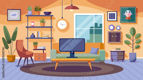 Vector art of inviting modern living room interior with a sofa, coffee table, television, plants, shelves, and a chair, showcasing a comfortable and stylish home