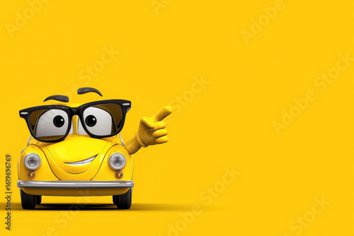 Cute funny cartoon character happy smiling car in sunglasses on a yellow isolated background. Banner for tourism and car travel