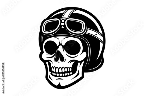 Stylized skull wearing a vintage motorcycle helmet and goggles in black and white