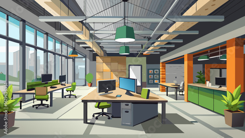 Vector art of spacious modern office interior featuring multiple workstations, computers, chairs, and expansive windows with a city view, promoting a collaborative and productive business environment