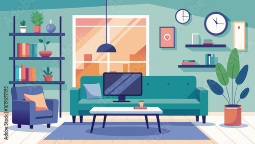 Vector art of a modern living room interior with a teal sofa, armchair, coffee table, bookshelf, and plants, creating a cozy and stylish home decor