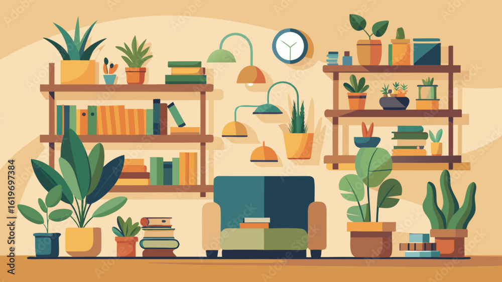 Fototapeta premium Vector art of cozy living room interior design with bookshelves, plants, sofa, and decorative elements, creating a warm and inviting atmosphere