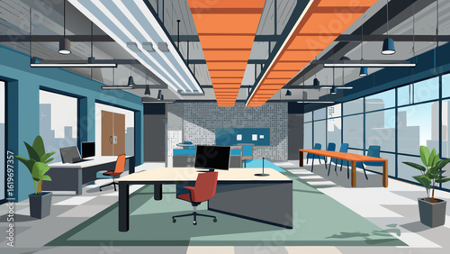 Vector art of bright and airy office space with multiple workstations, computers, chairs, and a long meeting table for business collaboration