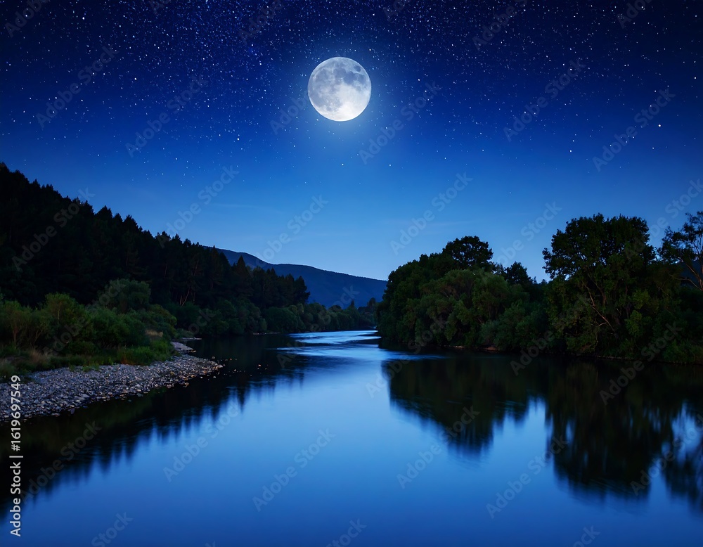 Fototapeta premium Moonlit river landscape