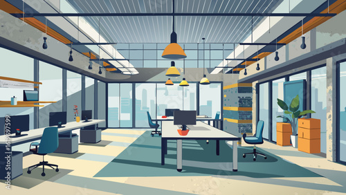Vector art of modern openplan office interior with desks, chairs, computers, and large windows offering city views, illuminated by natural light and pendant lamps
