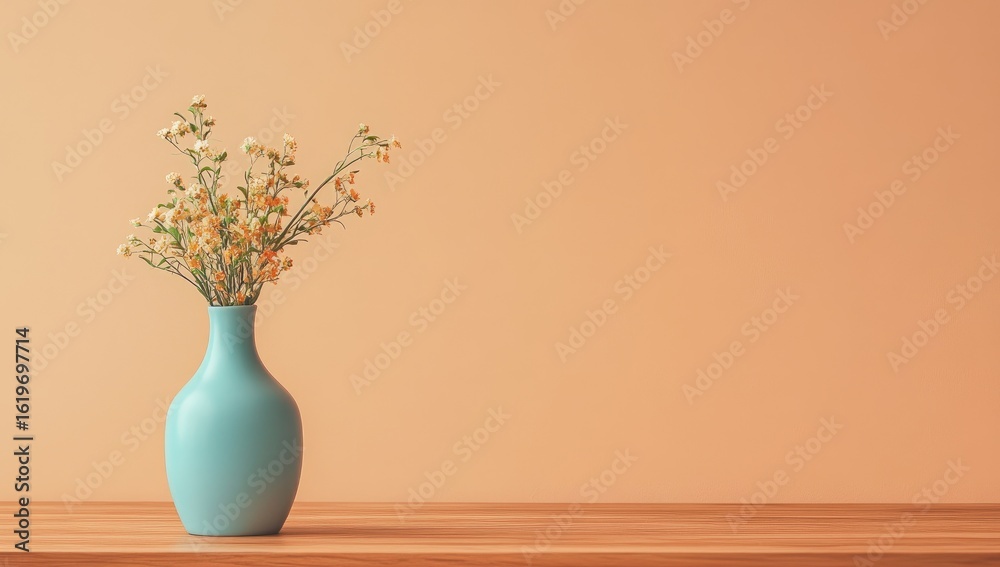 custom made wallpaper toronto digitalLight teal vase with delicate, muted yellow-orange flowers on a light peach background