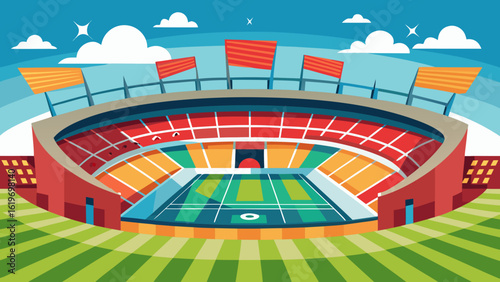 Vector art of a vibrant illustration of a soccer stadium with a green field, surrounded by colorful seating and a bright blue sky with clouds, capturing the excitement of a sporting event