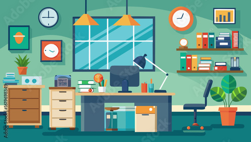Vector art of stylish office space with a central desk, computer, chair, and lamp, surrounded by bookshelves, plants, and storage units, promoting a focused and efficient work environment