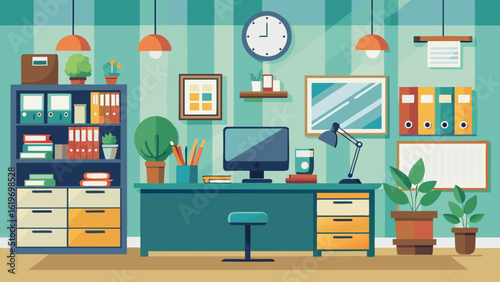 Vector art of stylish home office setup with a desk, computer, chair, bookshelf, and window, decorated with plants and clocks on a striped wall