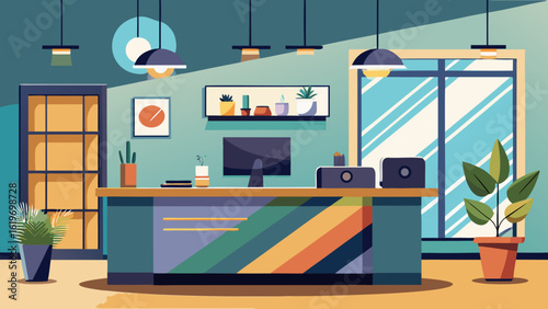 Vector art of contemporary office reception with a colorful desk, computer, plants, and decorative elements, creating a vibrant business setting
