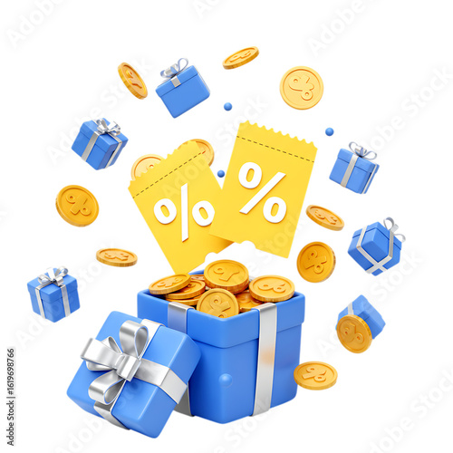 Blue gift boxes coins and yellow discount coupons isolated on a transparent background present ribbon