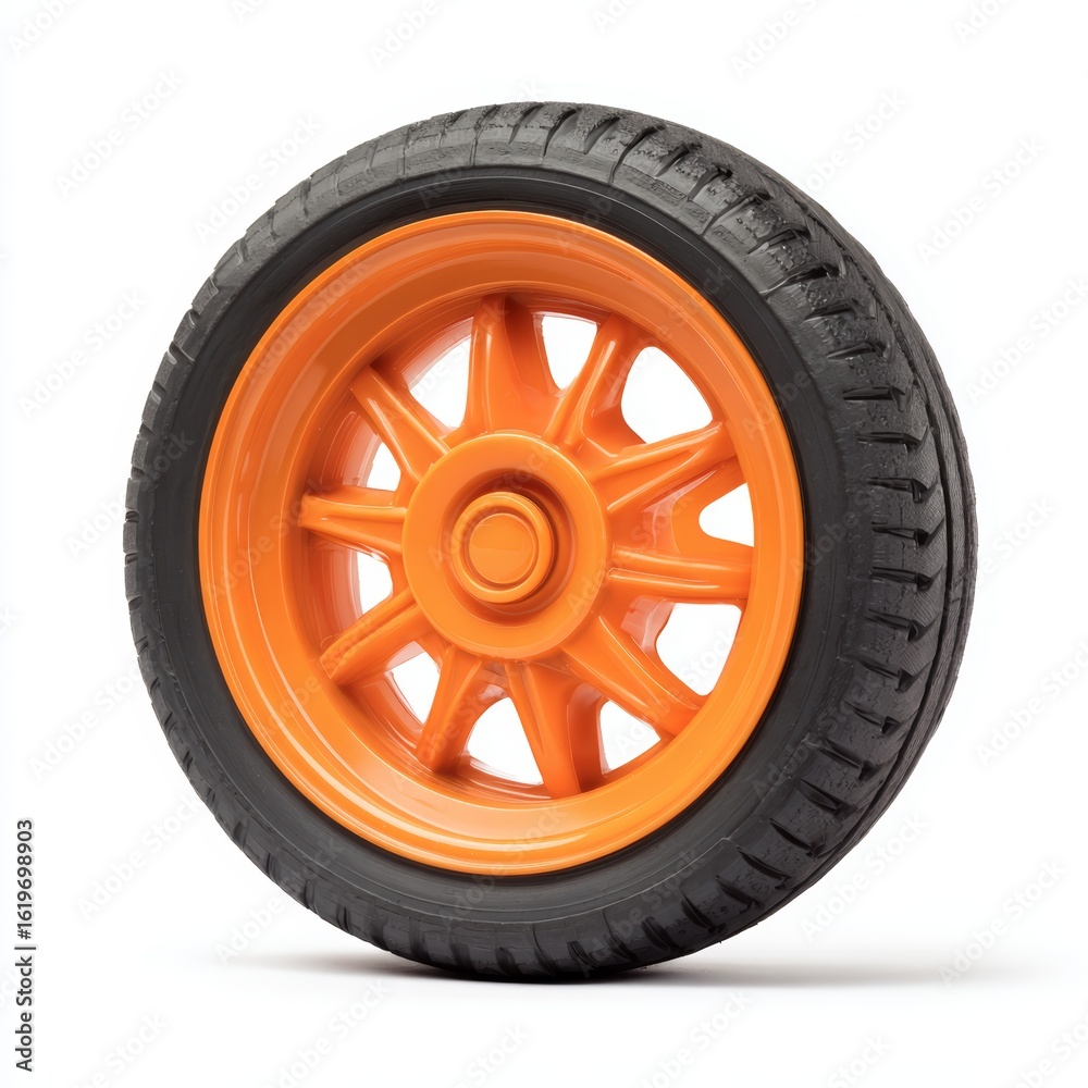 Obraz premium A close-up shot of an orange wheel with a black tire, showcasing its intricate design and texture