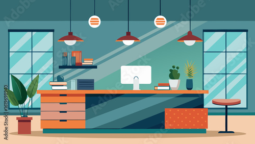 Vector art of modern office reception desk with computer, plants, and windows, creating a welcoming business environment