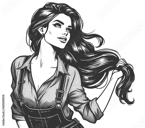 confident woman with long flowing hair, wearing a collared shirt and overalls, holding her hair sketch engraving generative ai fictional character vector illustration. Scratch board. Black and white.