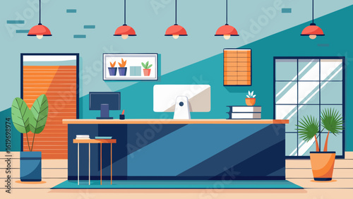 Vector art of sleek office reception area featuring a blue desk, computer, plants, and stylish lighting, ideal for a professional business