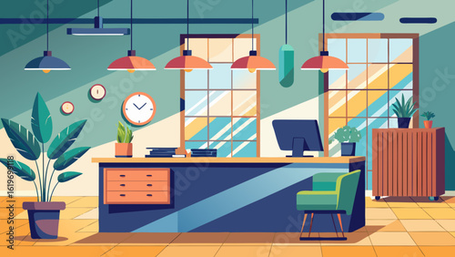 Vector art of modern office reception desk with computer, plants, and clock, creating a welcoming and professional business environment
