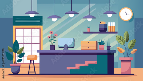 Vector art of inviting office reception area featuring a contemporary desk, plants, and warm lighting, creating a professional and welcoming atmosphere