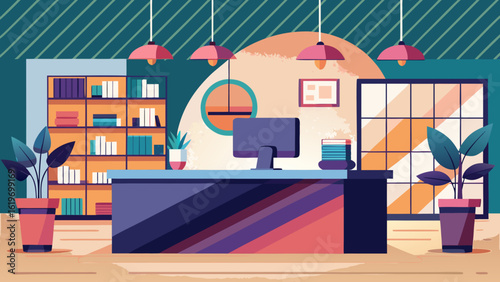 Vector art of stylish office reception area with a modern desk, bookshelf, plants, and ambient lighting, designed for a professional atmosphere