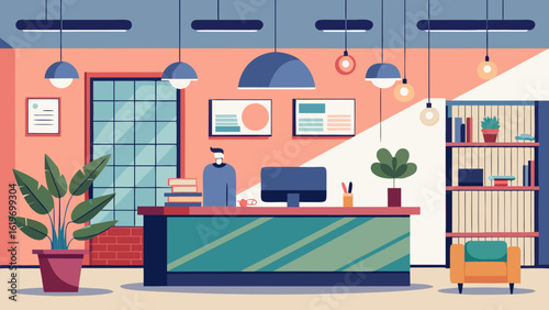 Vector art of business office reception area featuring a welcoming desk, computer, plants, and seating, creating a professional atmosphere