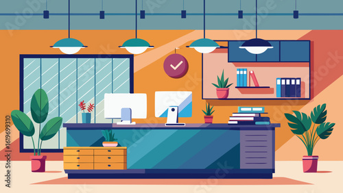 Vector art of contemporary office reception area with dual computers, plants, and a stylish desk, designed for a professional business setting