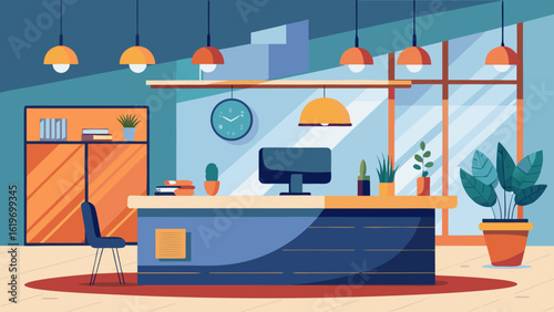 Vector art of stylish office reception area featuring a contemporary desk, computer, plants, and ambient lighting for a professional business atmosphere