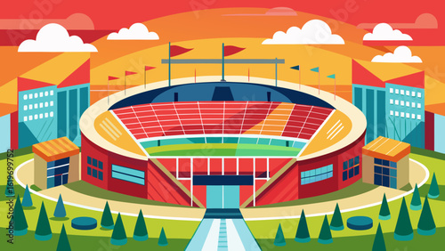 Vector art of modern sports stadium with tiered seating and surrounding buildings, set against a vibrant sunset sky with clouds