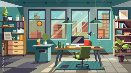 Vector art of contemporary office room with a desk, computer, chair, and shelves, bathed in sunlight from windows showing a city skyline, for an efficient workspace