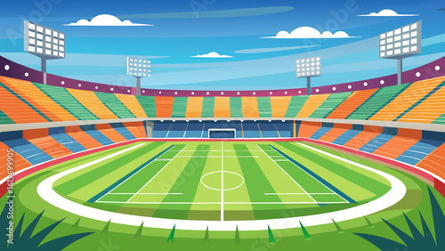 Vector art of a colorful illustration of a grand football stadium with tiered seating in vibrant orange and green, a perfectly manicured pitch, and bright stadium lights