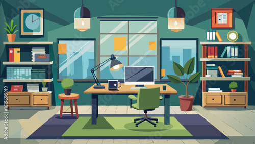 Vector art of a stylish home office interior featuring a desk, computer, chair, and bookshelves, illuminated by natural light from the window