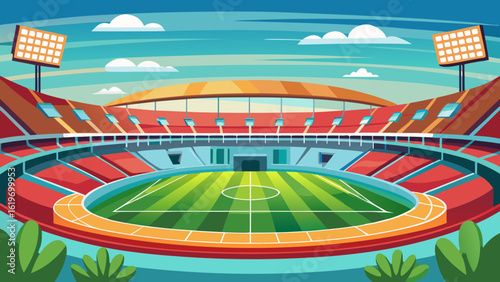 Vector art of vibrant illustration of a large sports stadium, featuring a wellmaintained football pitch, tiered seating, and bright stadium lights under a daytime sky