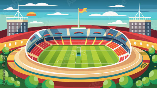 Vector art of modern football stadium with green field, red and blue seats, and a clear blue sky with clouds, ready for a major sporting event