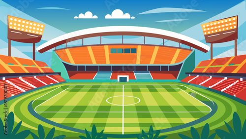 Vector art of eyecatching illustration of a sports stadium viewed from the field, featuring bright orange seats, green turf, and large stadium lights against a clear sky
